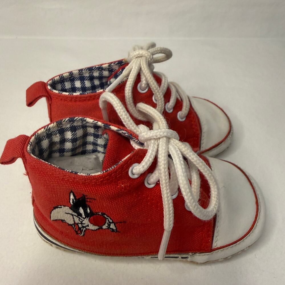 VTG Acme Baby Shoes Size 3 Sylvester Looney Tunes 80s 90s Red High Top Sneakers - Picture 13 of 13